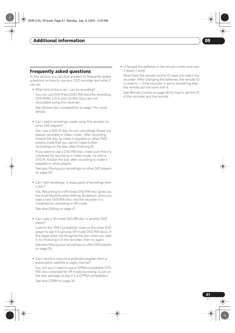 Frequently asked questions, Additional information 09 | Pioneer DVR-230-S User Manual | Page 61 / 72
