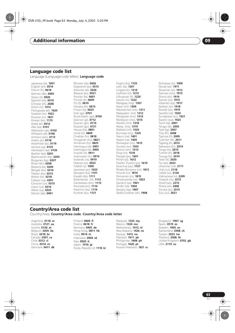 Language code list, Country/area code list, Additional information 09 | Pioneer DVR-230-S User Manual | Page 63 / 72