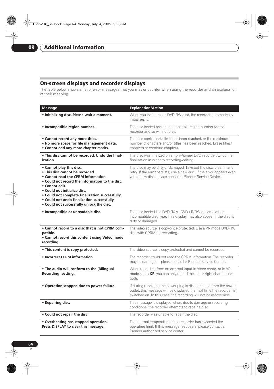 On-screen displays and recorder displays, Additional information 09 | Pioneer DVR-230-S User Manual | Page 64 / 72