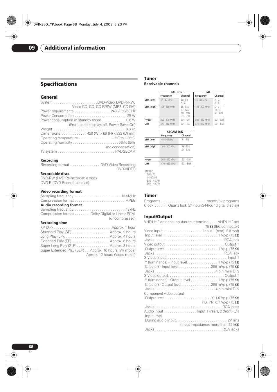 Specifications, Additional information 09, General | Tuner, Timer, Input/output | Pioneer DVR-230-S User Manual | Page 68 / 72