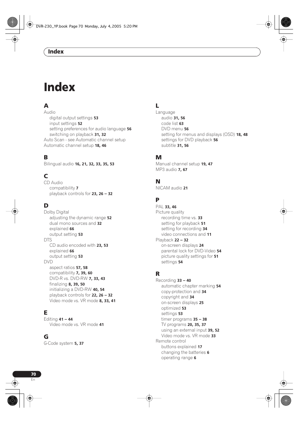 Index | Pioneer DVR-230-S User Manual | Page 70 / 72