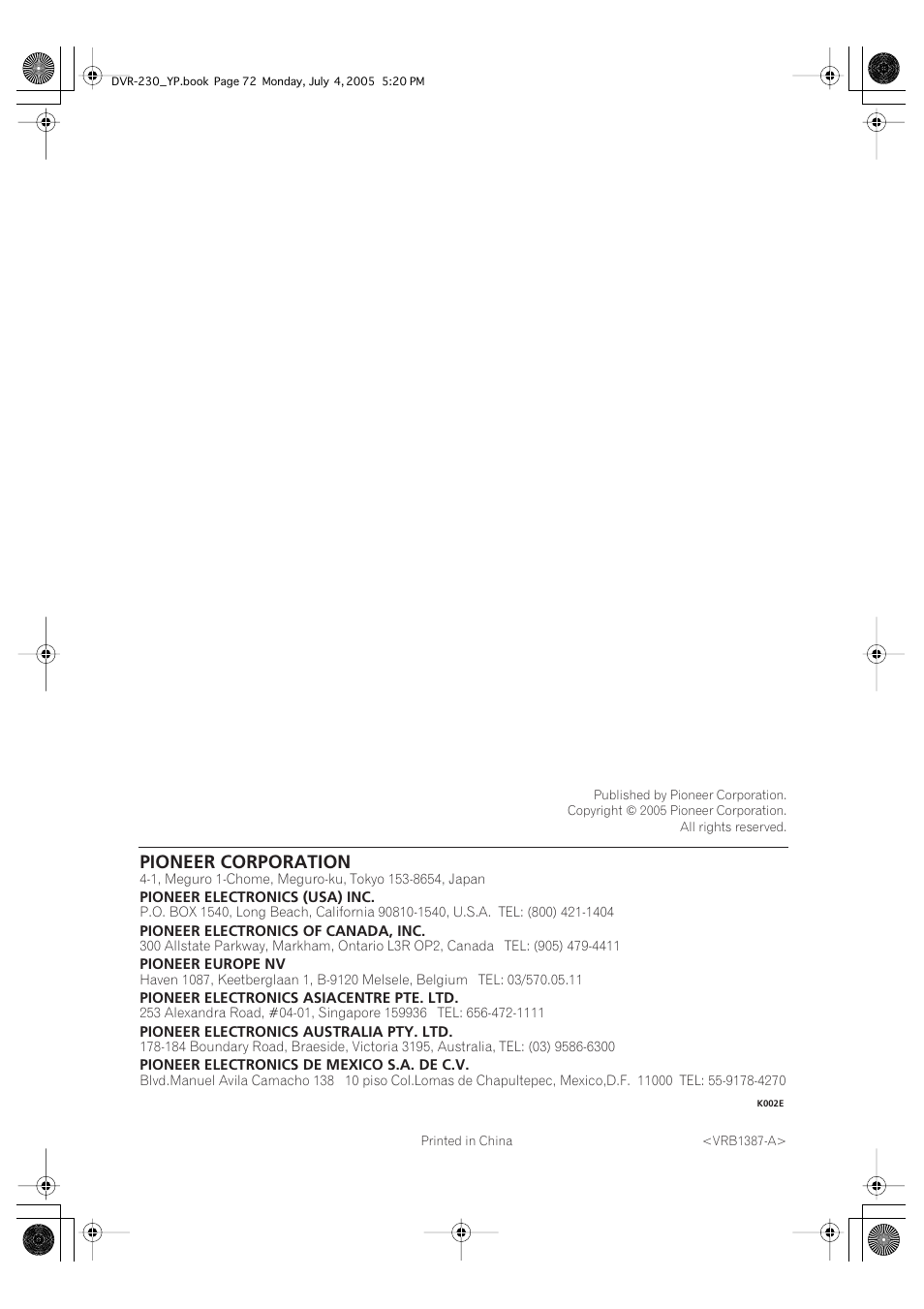 Pioneer corporation | Pioneer DVR-230-S User Manual | Page 72 / 72
