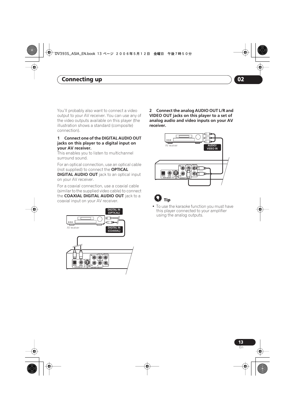 Connecting up 02, Optical digital audio out, Coaxial digital audio out | Jack to a coaxial input on your av receiver | Pioneer DV-595K-S User Manual | Page 13 / 52