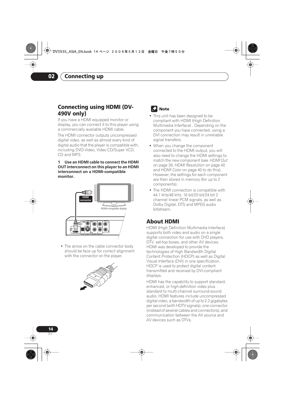 Connecting using hdmi (dv-490v only), About hdmi, Connecting up 02 | Connecting using hdmi (dv- 490v only) | Pioneer DV-595K-S User Manual | Page 14 / 52