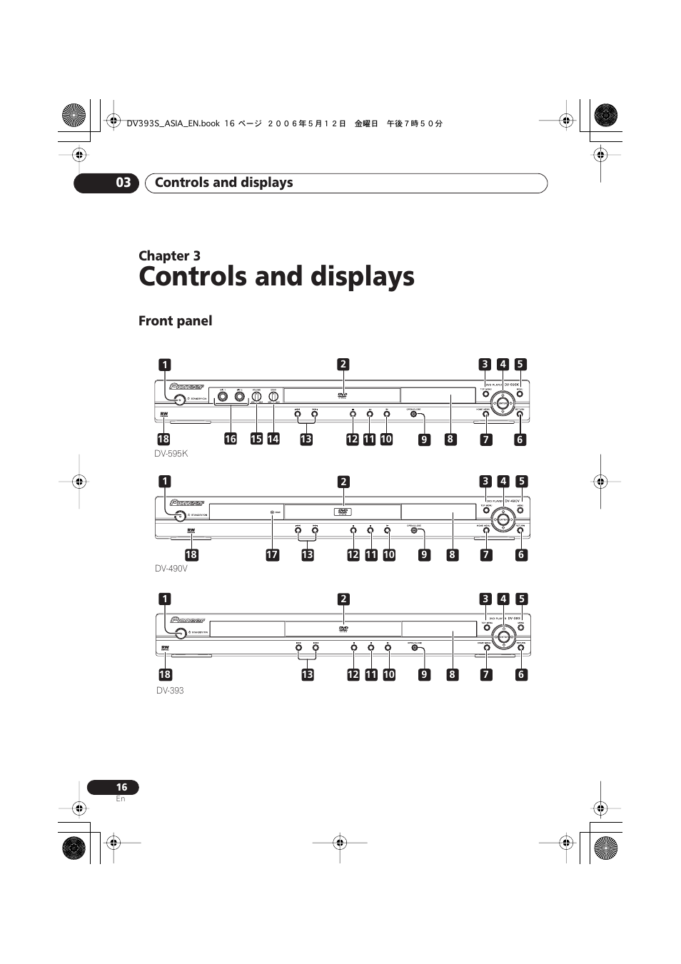 03 controls and displays, Front panel, Controls and displays | Controls and displays 03, Chapter 3 | Pioneer DV-595K-S User Manual | Page 16 / 52