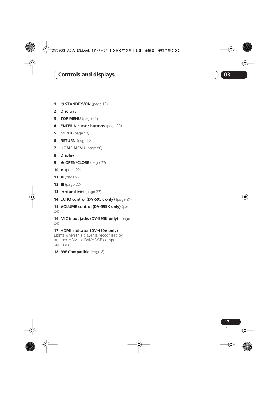 Controls and displays 03 | Pioneer DV-595K-S User Manual | Page 17 / 52