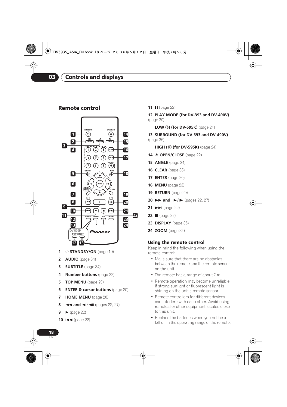 Remote control, Controls and displays 03 | Pioneer DV-595K-S User Manual | Page 18 / 52