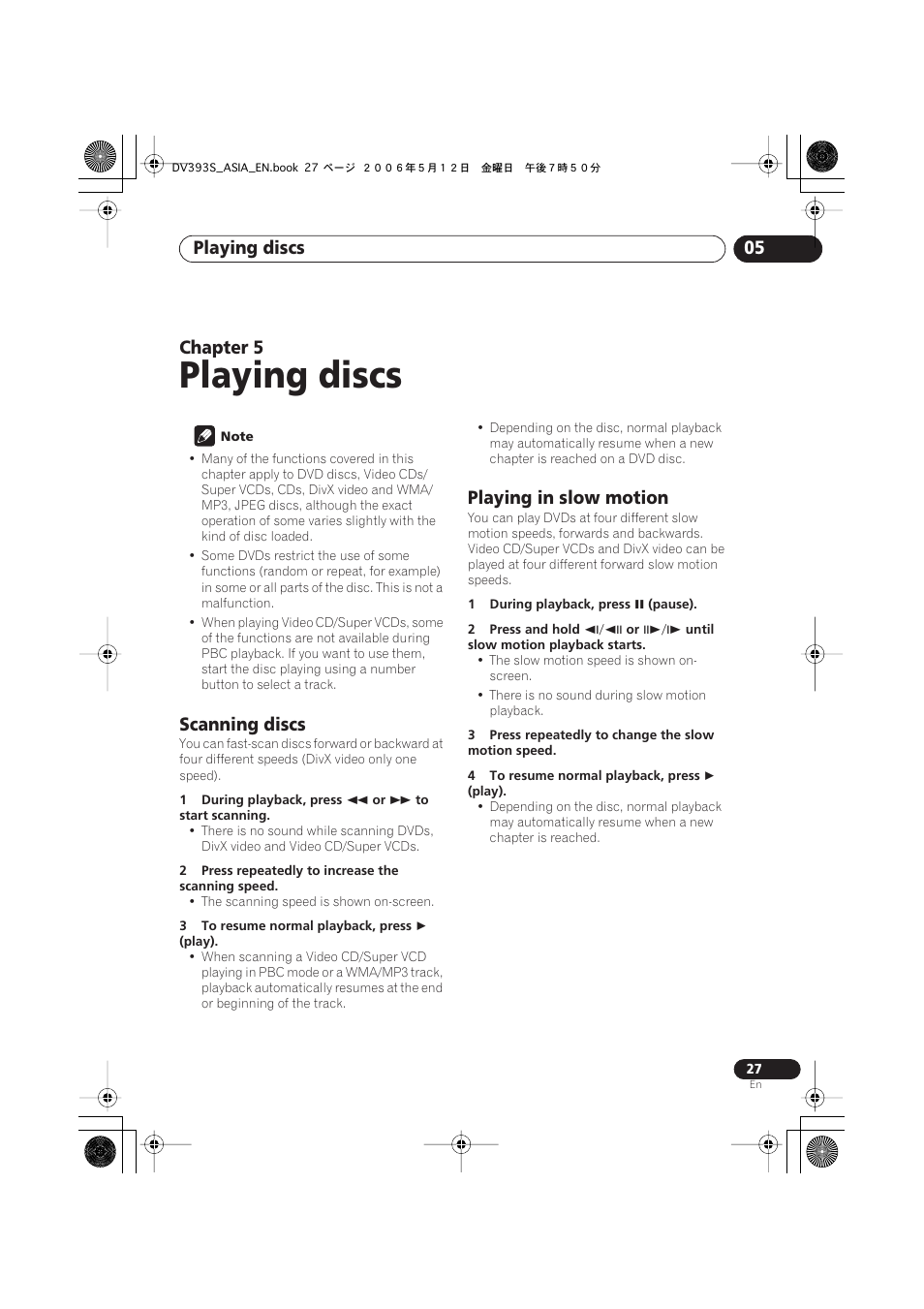 05 playing discs, Scanning discs, Playing in slow motion | Playing discs, Playing discs 05, Chapter 5 | Pioneer DV-595K-S User Manual | Page 27 / 52