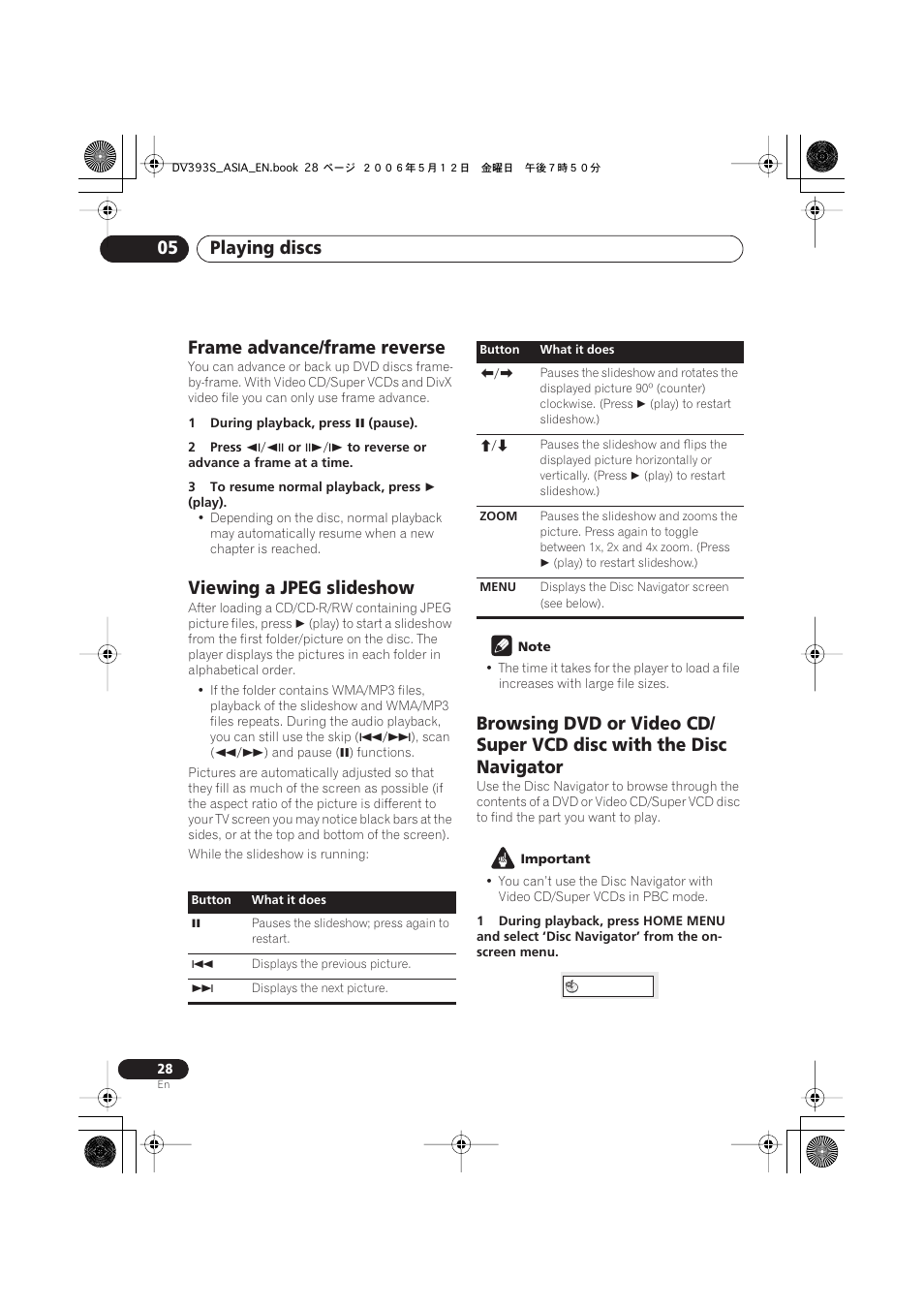 Frame advance/frame reverse, Viewing a jpeg slideshow, Playing discs 05 | Pioneer DV-595K-S User Manual | Page 28 / 52