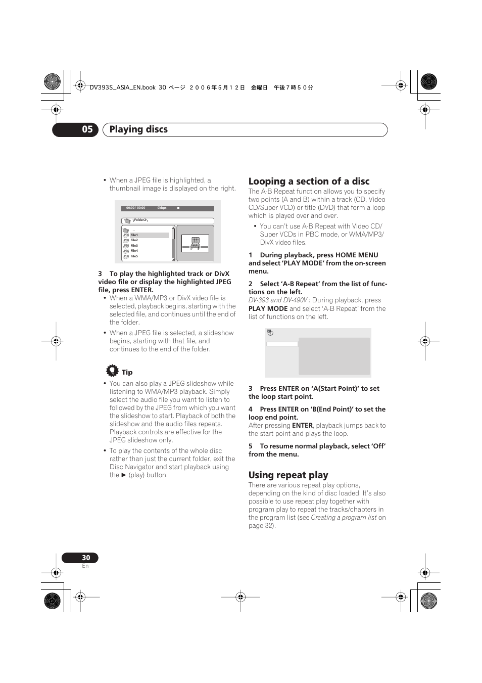 Looping a section of a disc, Using repeat play, Playing discs 05 | Pioneer DV-595K-S User Manual | Page 30 / 52