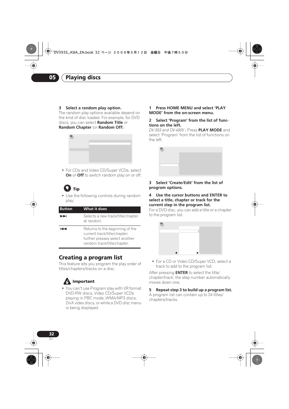 Creating a program list, Playing discs 05 | Pioneer DV-595K-S User Manual | Page 32 / 52