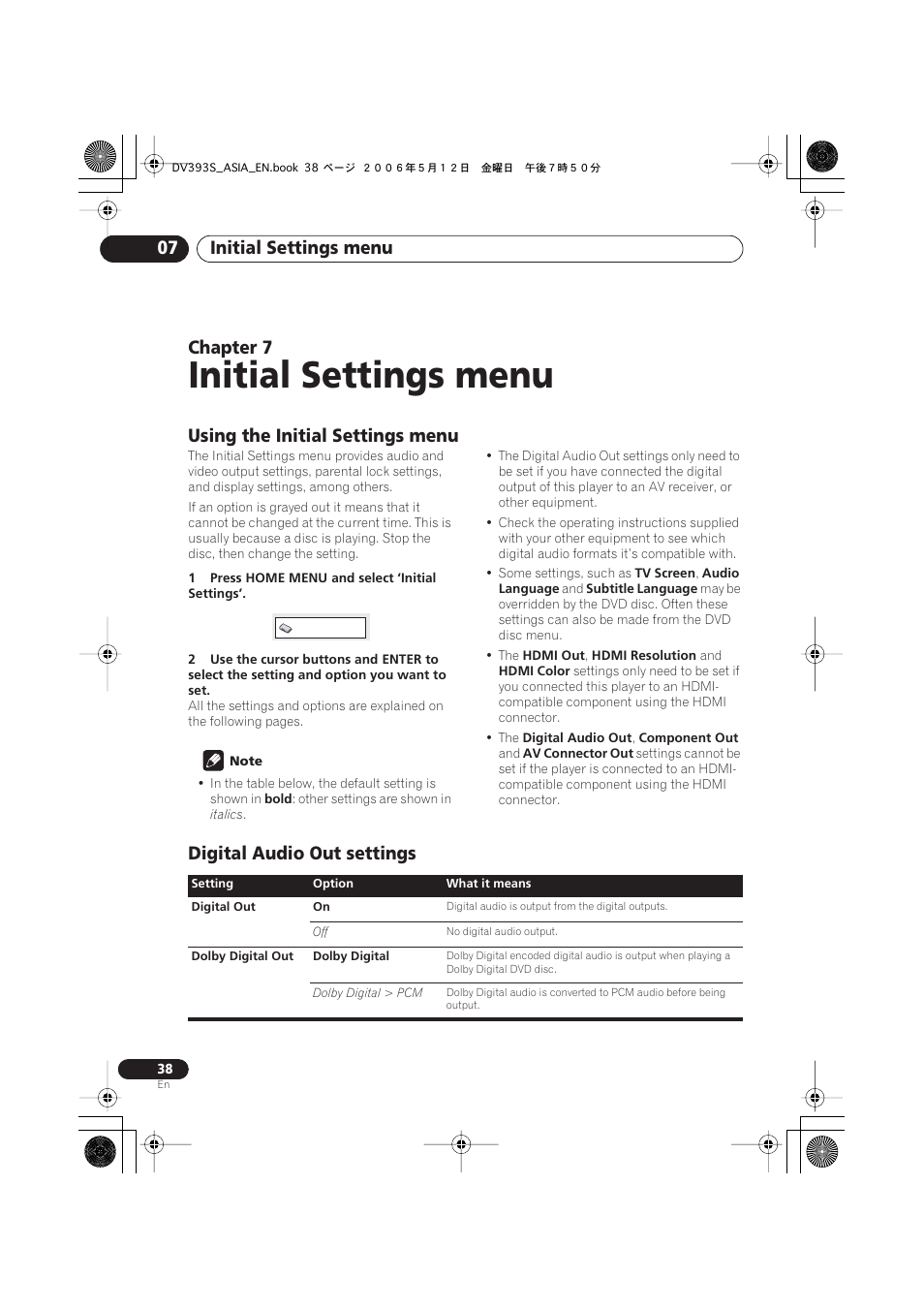 07 initial settings menu, Using the initial settings menu, Digital audio out settings | Initial settings menu, Initial settings menu 07, Chapter 7 | Pioneer DV-595K-S User Manual | Page 38 / 52