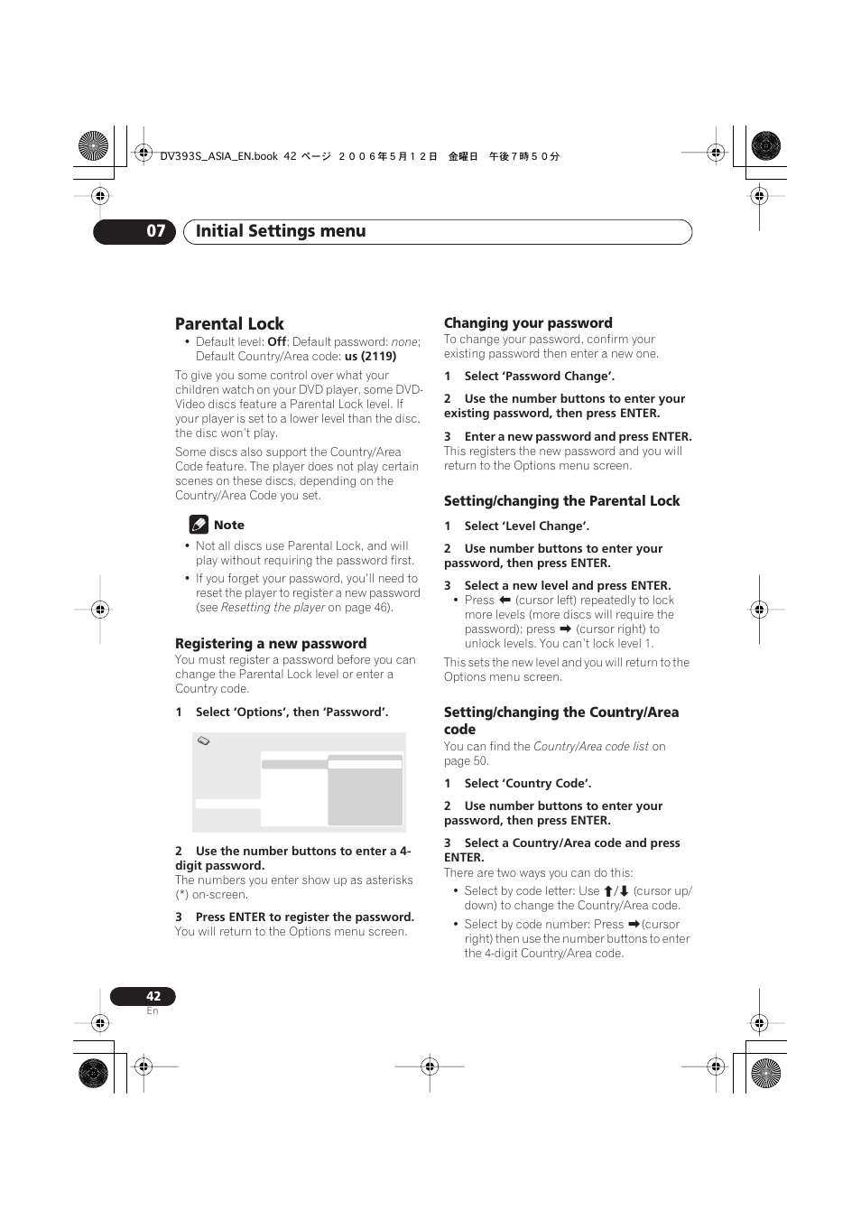 Parental lock, Initial settings menu 07 | Pioneer DV-595K-S User Manual | Page 42 / 52