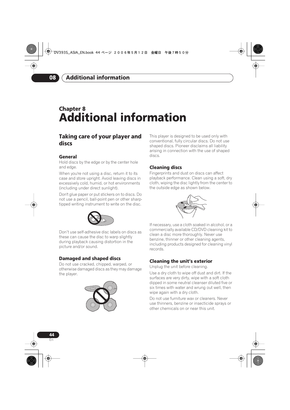 08 additional information, Taking care of your player and discs, Additional information | Pioneer DV-595K-S User Manual | Page 44 / 52