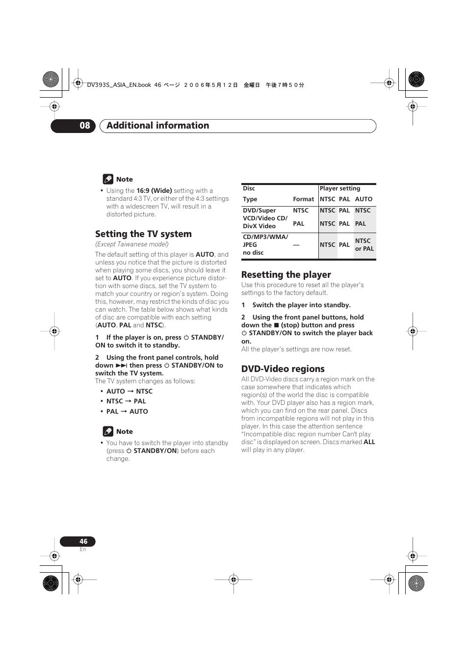 Setting the tv system, Resetting the player, Dvd-video regions | Additional information 08 | Pioneer DV-595K-S User Manual | Page 46 / 52