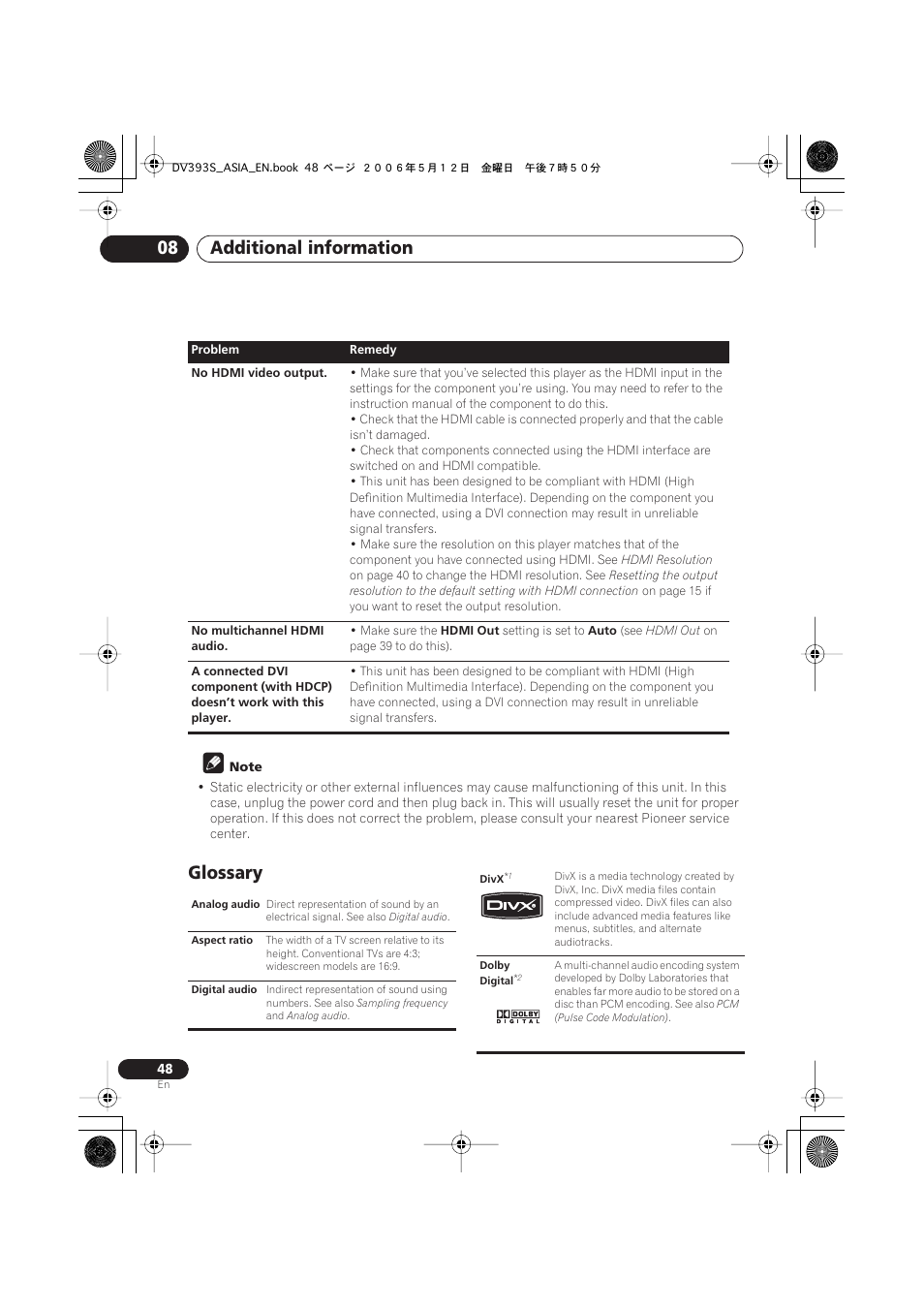 Glossary, Additional information 08 | Pioneer DV-595K-S User Manual | Page 48 / 52