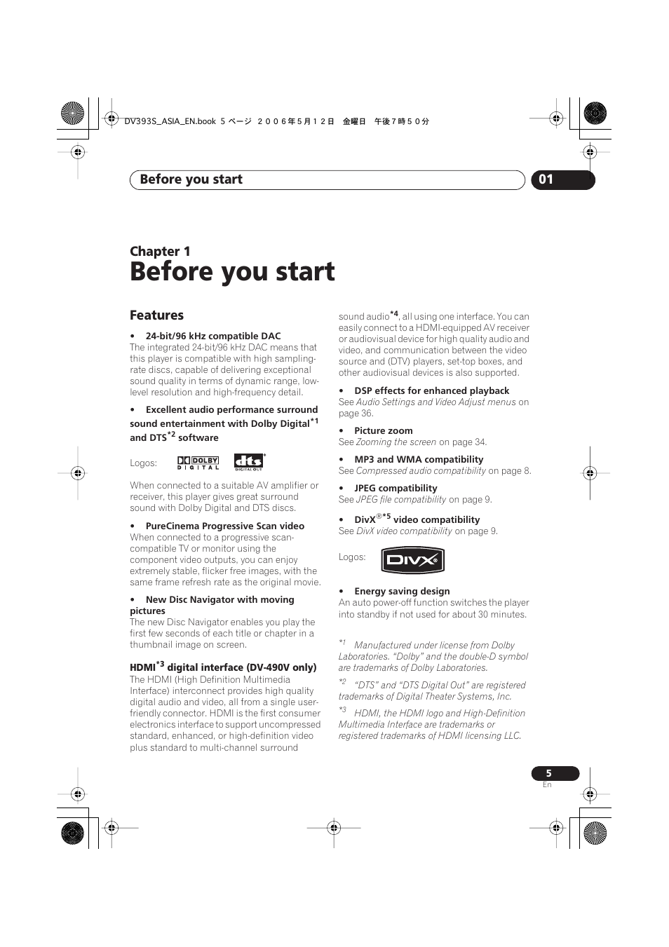 01 before you start, Features, Before you start | Before you start 01, Chapter 1 | Pioneer DV-595K-S User Manual | Page 5 / 52