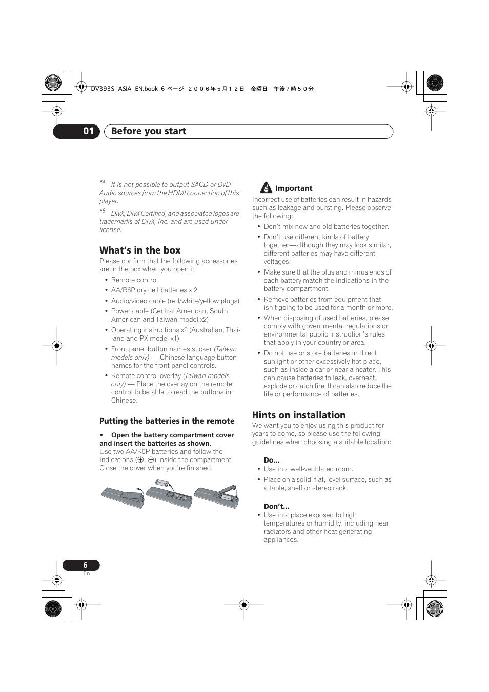 What’s in the box, Hints on installation, Before you start 01 | Pioneer DV-595K-S User Manual | Page 6 / 52