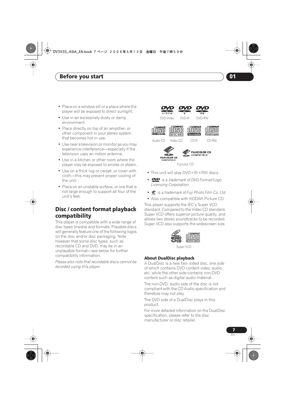 Disc / content format playback compatibility, Before you start 01 | Pioneer DV-595K-S User Manual | Page 7 / 52