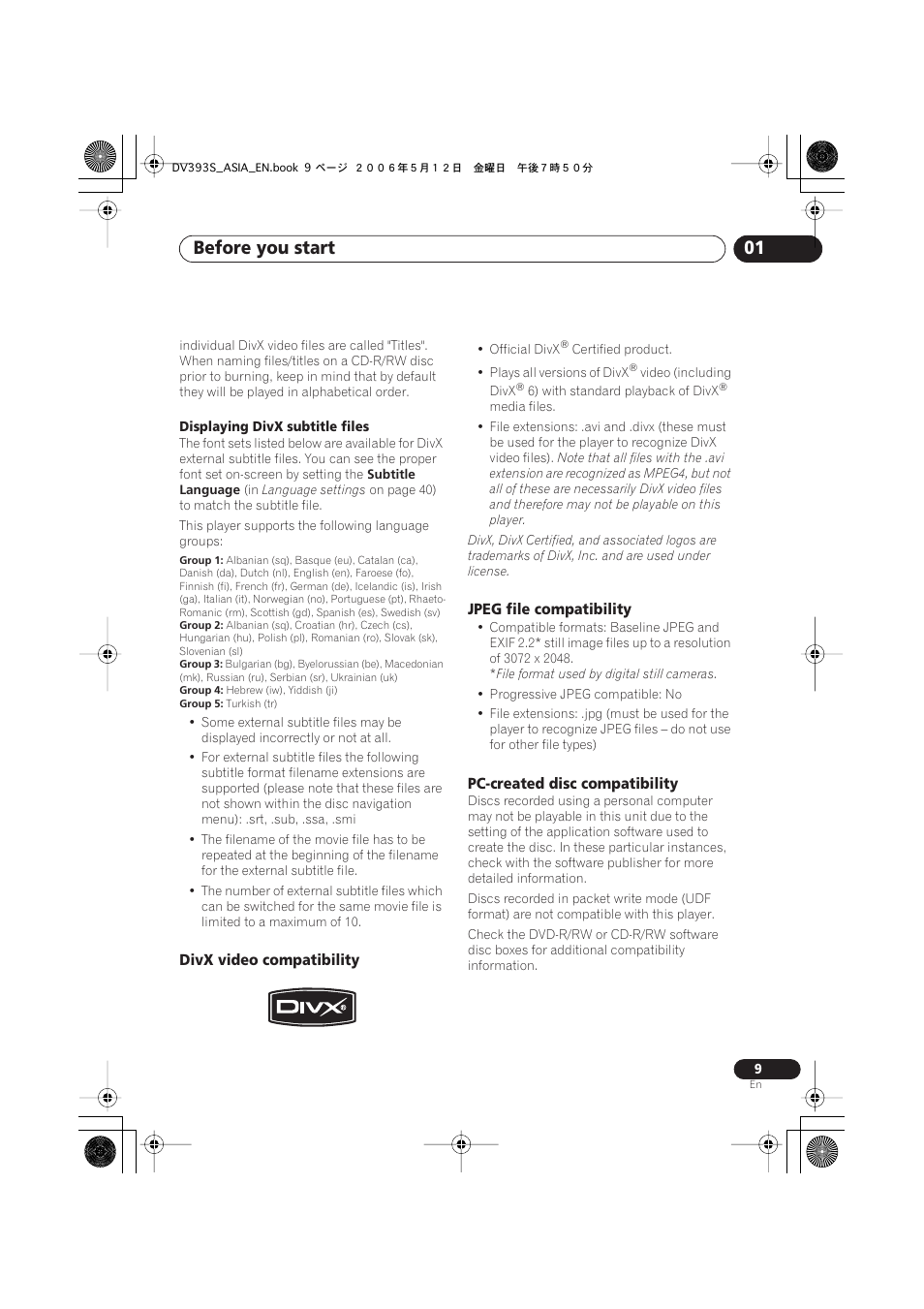 Before you start 01 | Pioneer DV-595K-S User Manual | Page 9 / 52