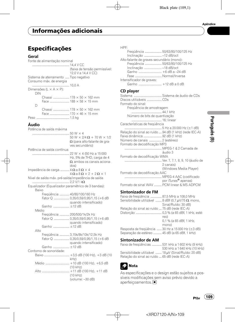Especificações, Informações adicionais, Portu guês (b) | Pioneer Super Tuner IIID DEH-P5950IB User Manual | Page 109 / 112