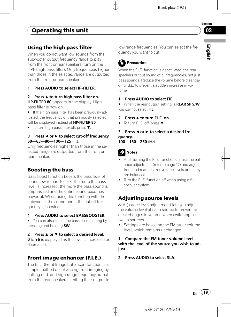 Using the high pass filter 19, Boosting the bass 19, Front image enhancer (f.i.e.) 19 | Adjusting source levels 19, Operating this unit, Using the high pass filter, Boosting the bass, Front image enhancer (f.i.e.), Adjusting source levels | Pioneer Super Tuner IIID DEH-P5950IB User Manual | Page 19 / 112