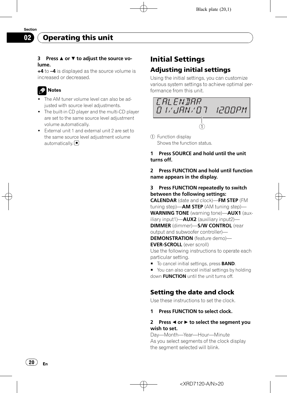 Initial settings, Adjusting initial settings 20, Setting the date and clock 20 | Operating this unit, Adjusting initial settings, Setting the date and clock | Pioneer Super Tuner IIID DEH-P5950IB User Manual | Page 20 / 112