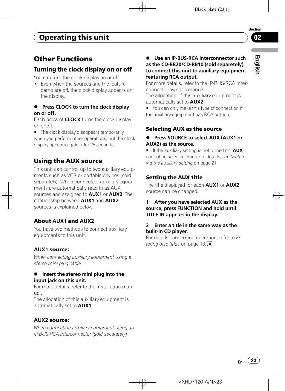 Other functions, Turning the clock display on or off 23, Using the aux source 23 | Operating this unit, Turning the clock display on or off, Using the aux source | Pioneer Super Tuner IIID DEH-P5950IB User Manual | Page 23 / 112