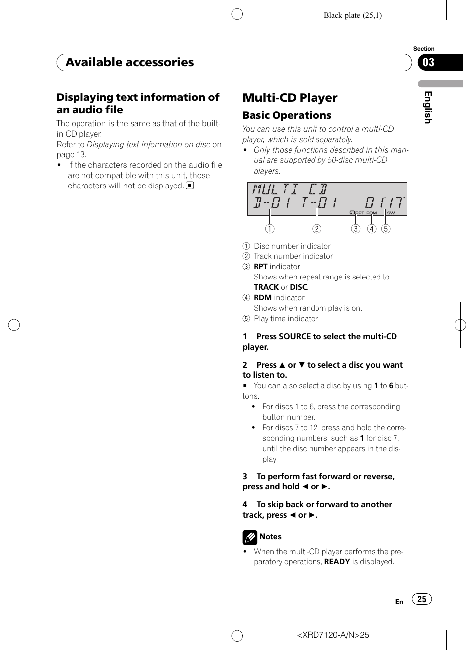 Displaying text information of an audio, File, Multi-cd player | Basic operations 25, Available accessories, Displaying text information of an audio file, Basic operations | Pioneer Super Tuner IIID DEH-P5950IB User Manual | Page 25 / 112