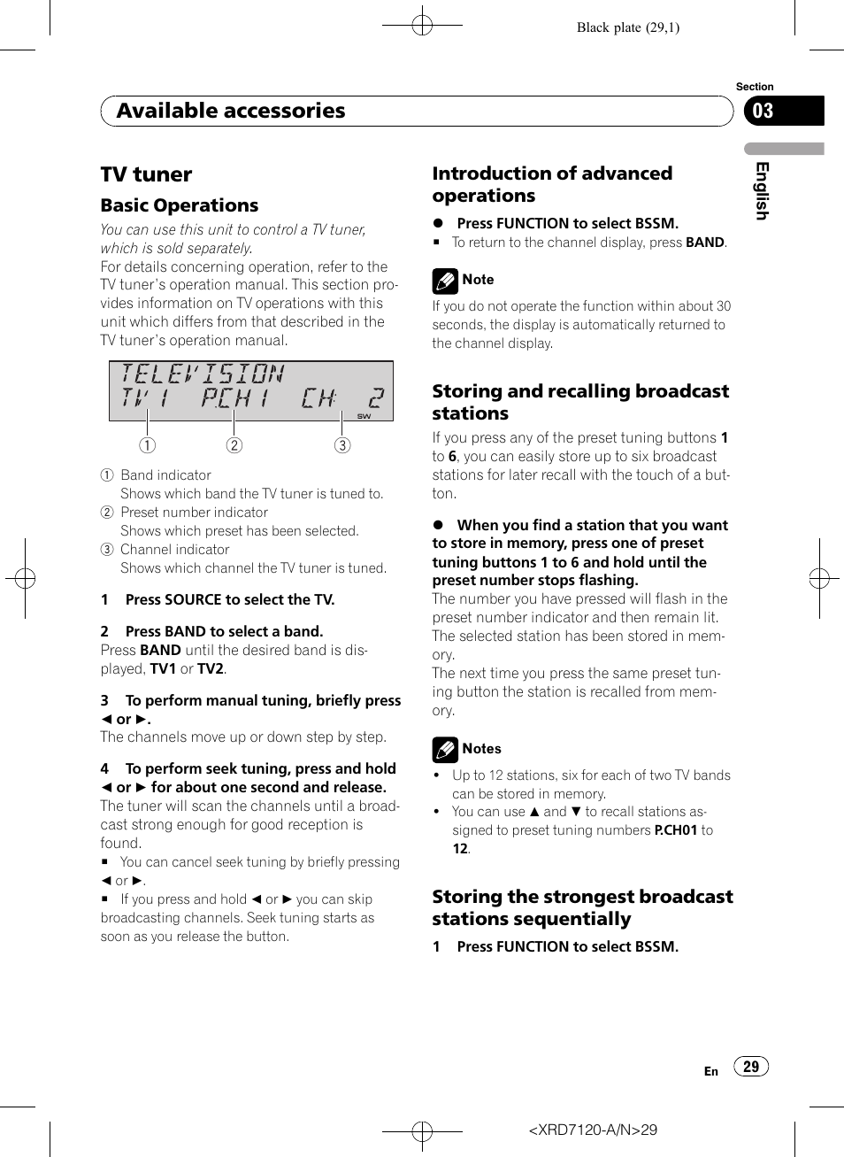 Tv tuner, Basic operations 29, Introduction of advanced | Operations, Storing and recalling broadcast, Stations, Storing the strongest broadcast, Stations sequentially, Available accessories, Basic operations | Pioneer Super Tuner IIID DEH-P5950IB User Manual | Page 29 / 112