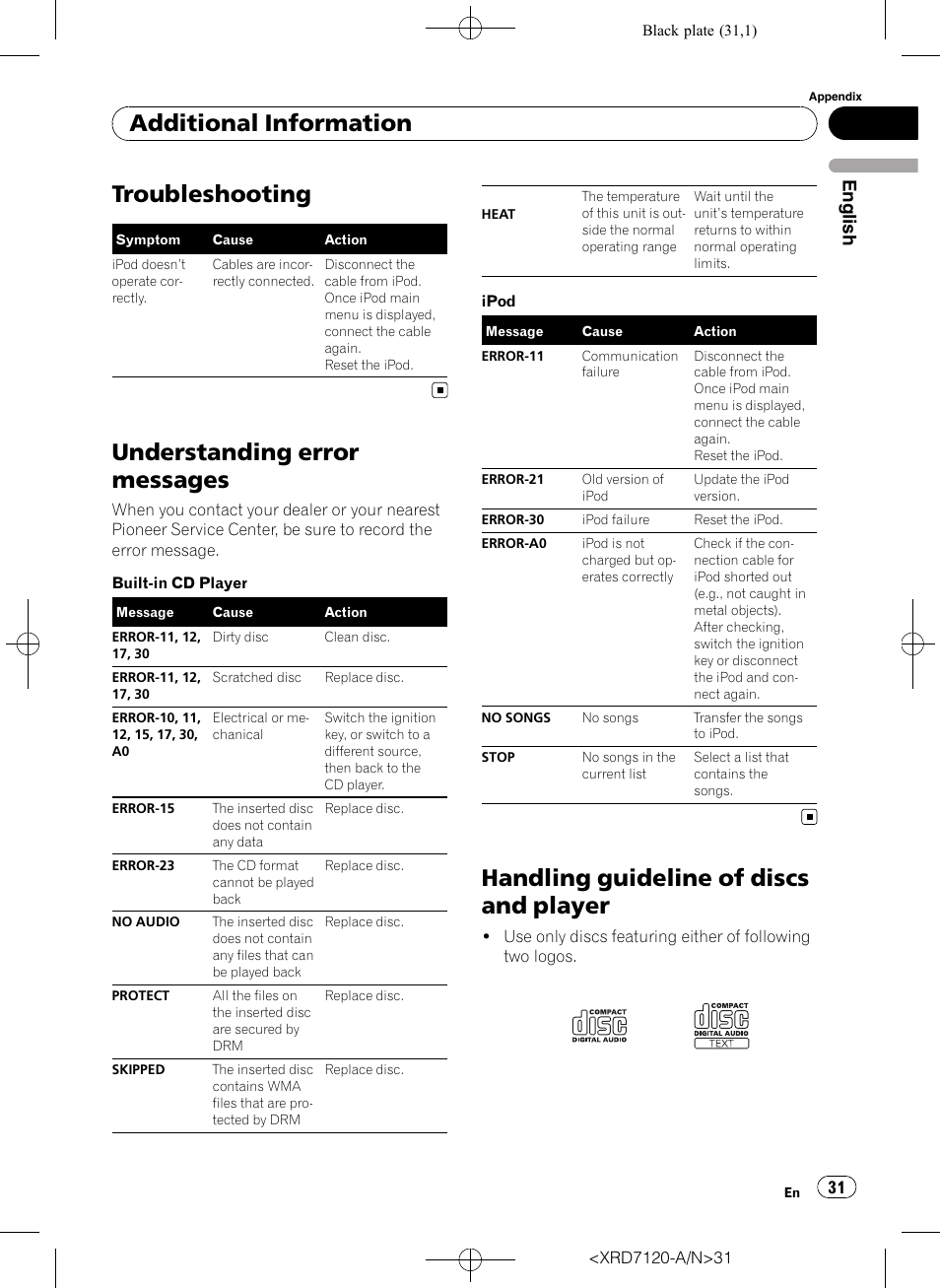 Additional information troubleshooting, Understanding error messages, Handling guideline of discs and player | Troubleshooting, Additional information, English | Pioneer Super Tuner IIID DEH-P5950IB User Manual | Page 31 / 112