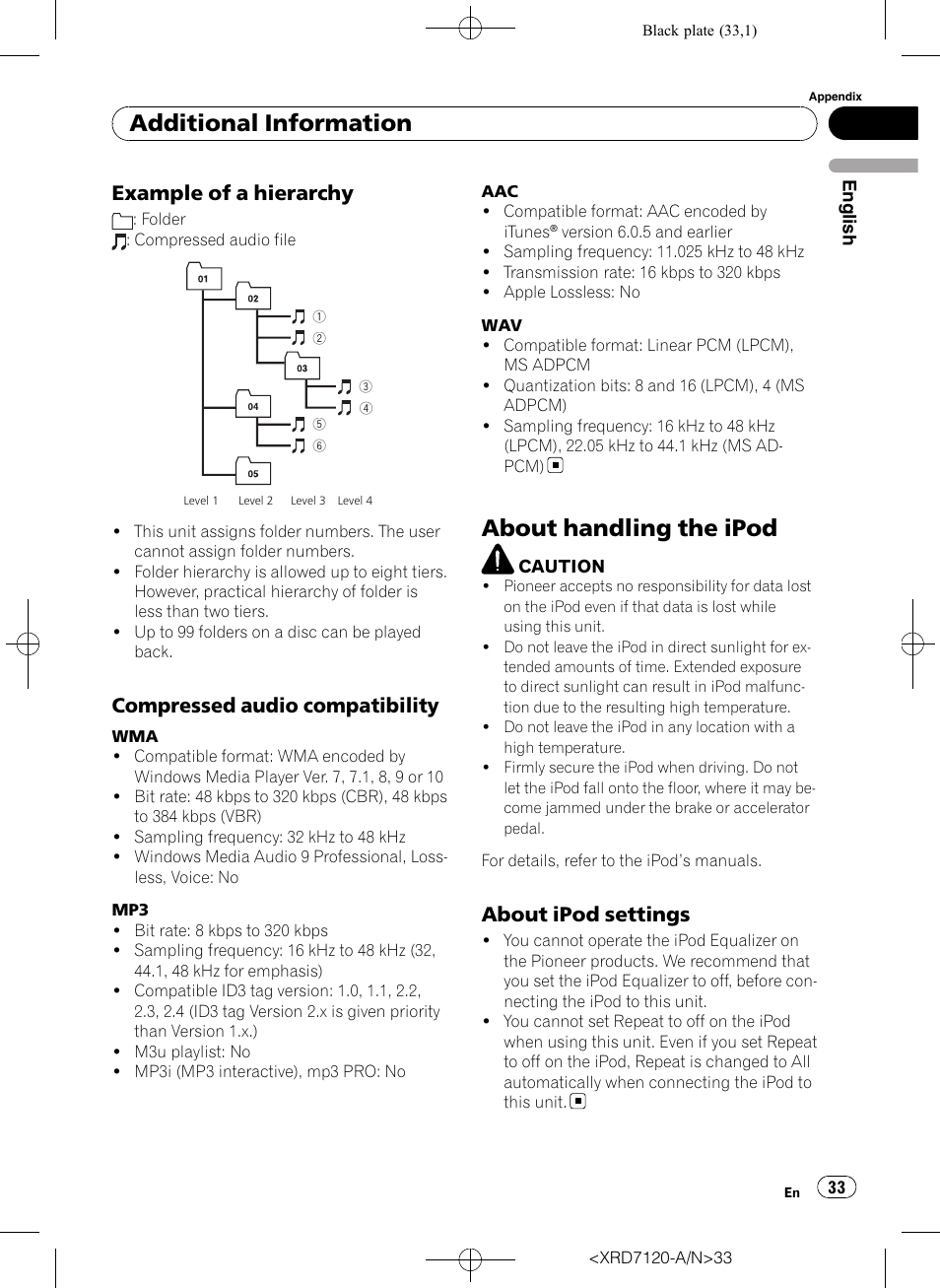 Example of a hierarchy 33, Compressed audio compatibility 33, About handling the ipod | About ipod settings 33, Additional information, Example of a hierarchy, Compressed audio compatibility, About ipod settings | Pioneer Super Tuner IIID DEH-P5950IB User Manual | Page 33 / 112