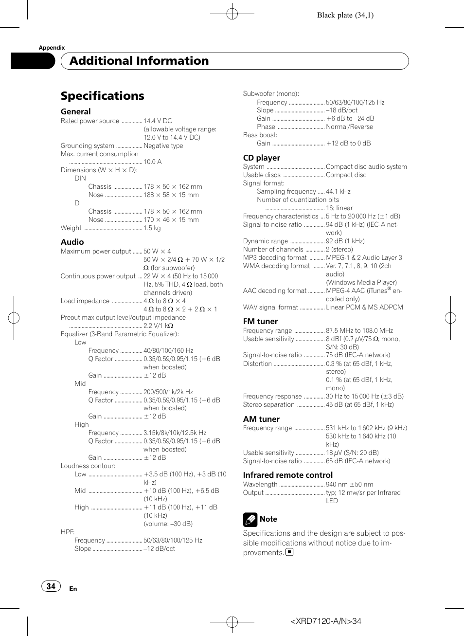 Specifications, Additional information | Pioneer Super Tuner IIID DEH-P5950IB User Manual | Page 34 / 112