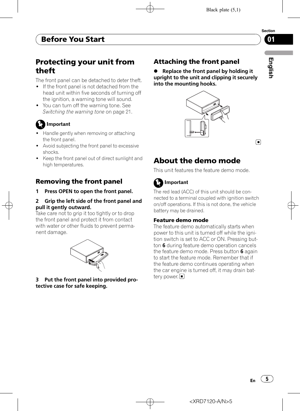 Protecting your unit from theft, Removing the front panel 5, Attaching the front panel 5 | About the demo mode, Before you start, Removing the front panel, Attaching the front panel | Pioneer Super Tuner IIID DEH-P5950IB User Manual | Page 5 / 112