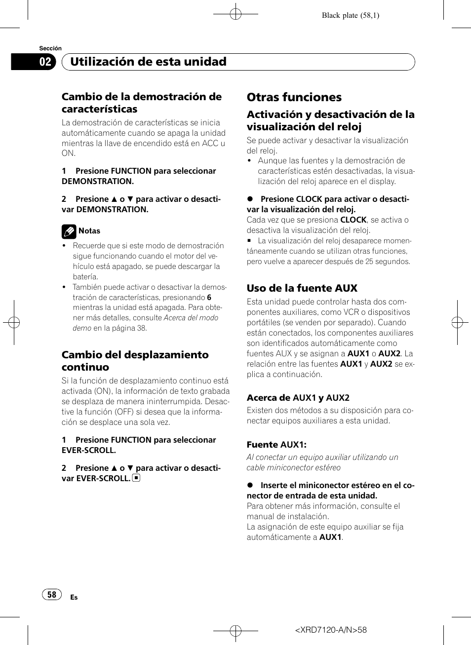 Cambio de la demostración de, Características, Cambio del desplazamiento | Continuo, Otras funciones, Activación y desactivación de la, Visualización del reloj, Uso de la fuente aux 58, Utilización de esta unidad, Cambio de la demostración de características | Pioneer Super Tuner IIID DEH-P5950IB User Manual | Page 58 / 112