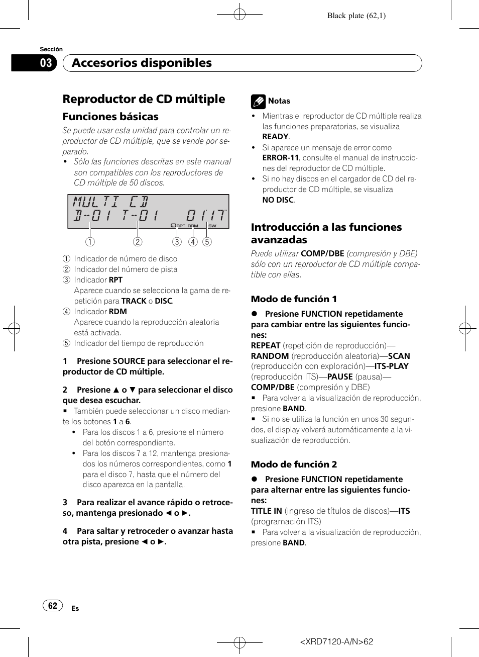 Reproductor de cd múltiple, Funciones básicas 62, Introducción a las funciones | Avanzadas, Accesorios disponibles, Funciones básicas, Introducción a las funciones avanzadas | Pioneer Super Tuner IIID DEH-P5950IB User Manual | Page 62 / 112