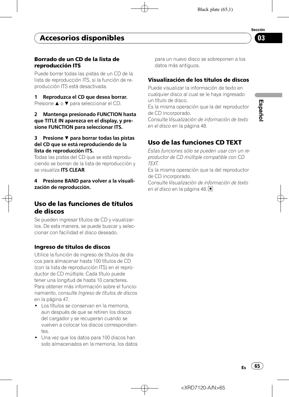 Uso de las funciones de títulos de, Discos, Uso de las funciones cd text 65 | Accesorios disponibles, Uso de las funciones de títulos de discos, Uso de las funciones cd text | Pioneer Super Tuner IIID DEH-P5950IB User Manual | Page 65 / 112