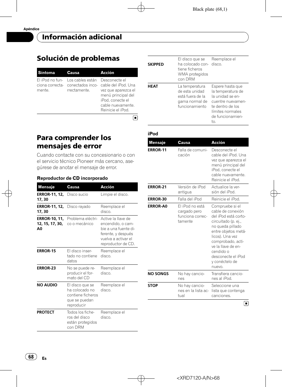 Información adicional solución de problemas, Para comprender los mensajes de error, Solución de problemas | Información adicional | Pioneer Super Tuner IIID DEH-P5950IB User Manual | Page 68 / 112