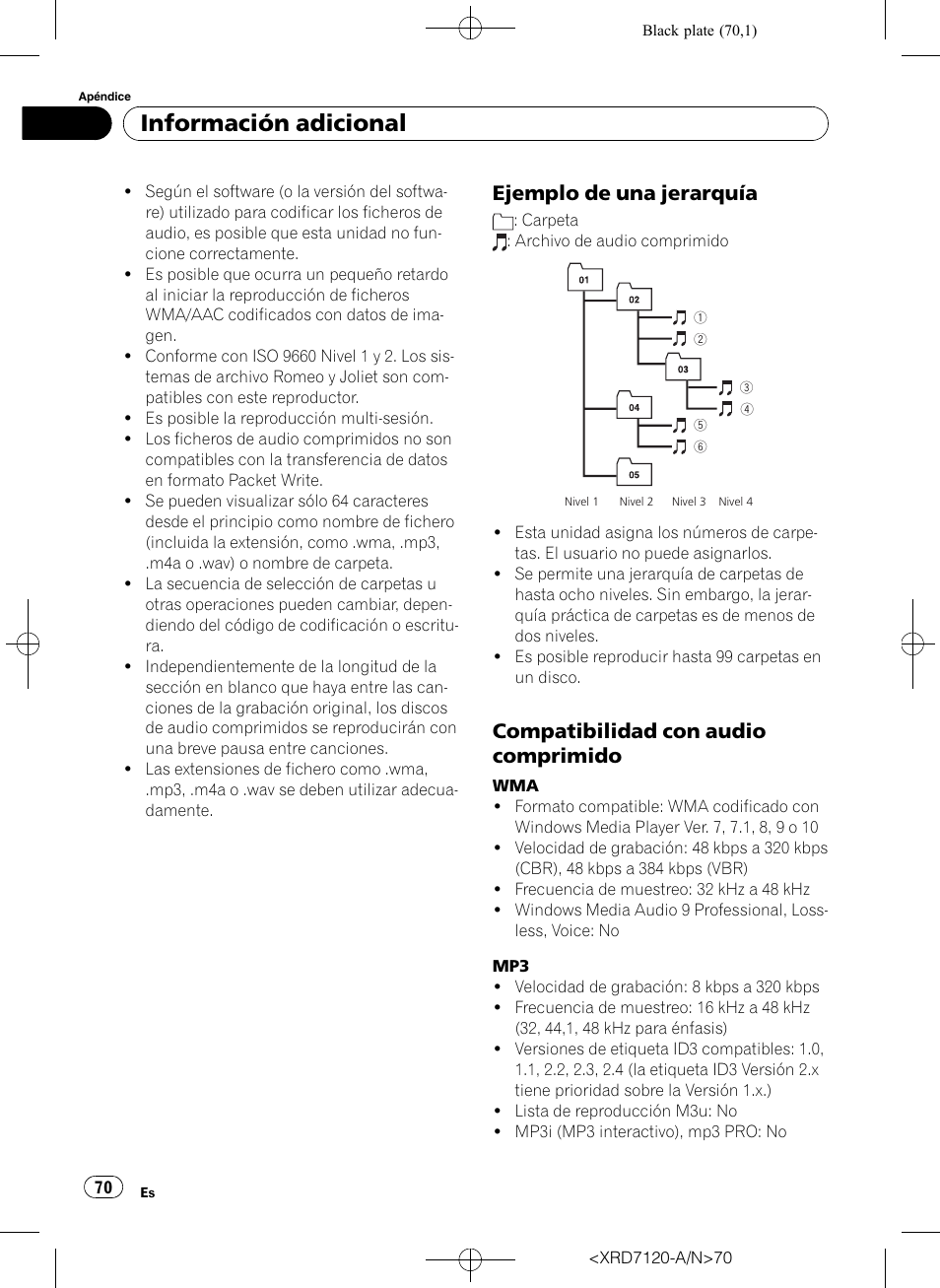 Ejemplo de una jerarquía 70, Compatibilidad con audio, Comprimido | Información adicional, Ejemplo de una jerarquía, Compatibilidad con audio comprimido | Pioneer Super Tuner IIID DEH-P5950IB User Manual | Page 70 / 112
