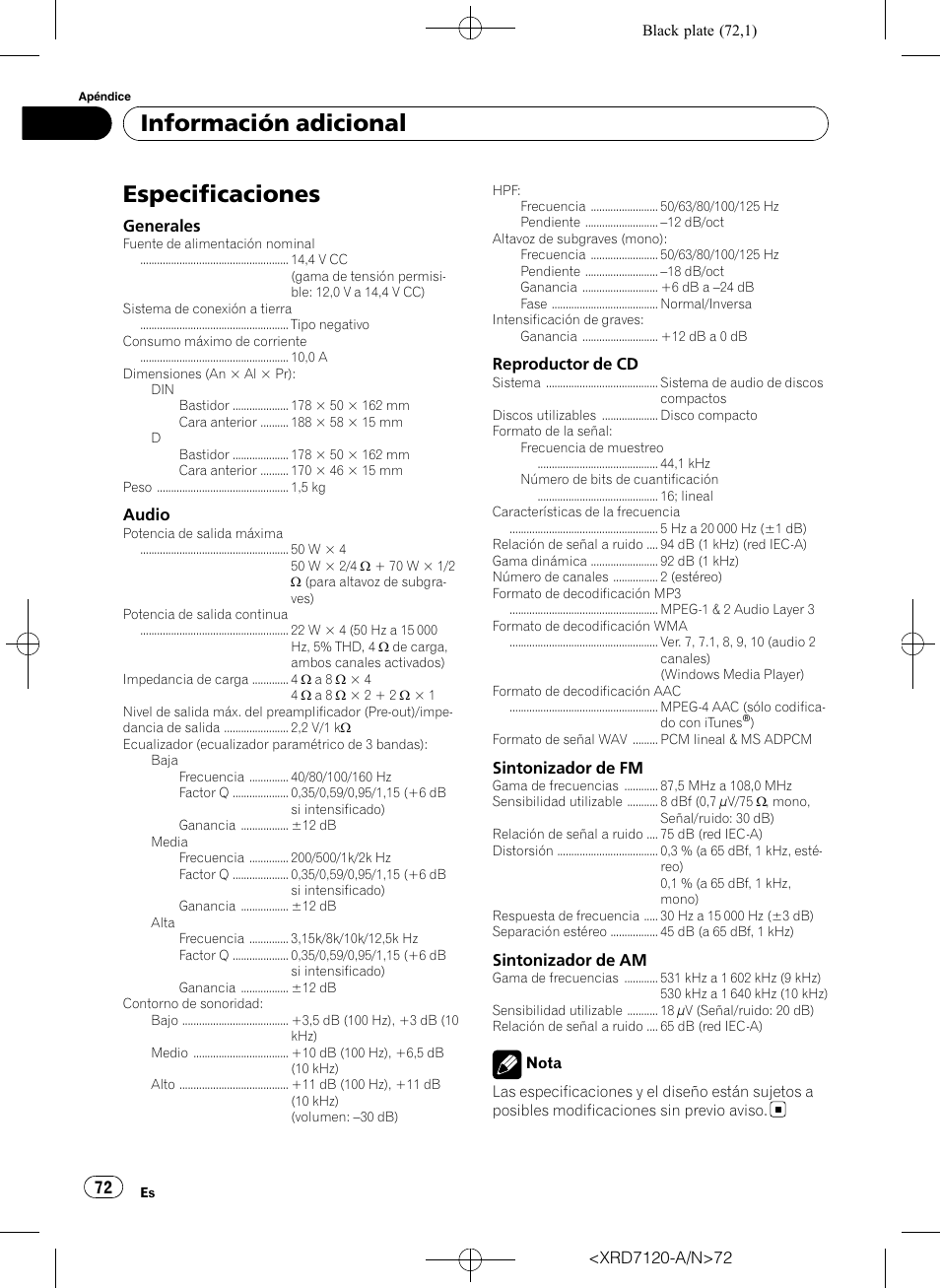 Especificaciones, Información adicional | Pioneer Super Tuner IIID DEH-P5950IB User Manual | Page 72 / 112