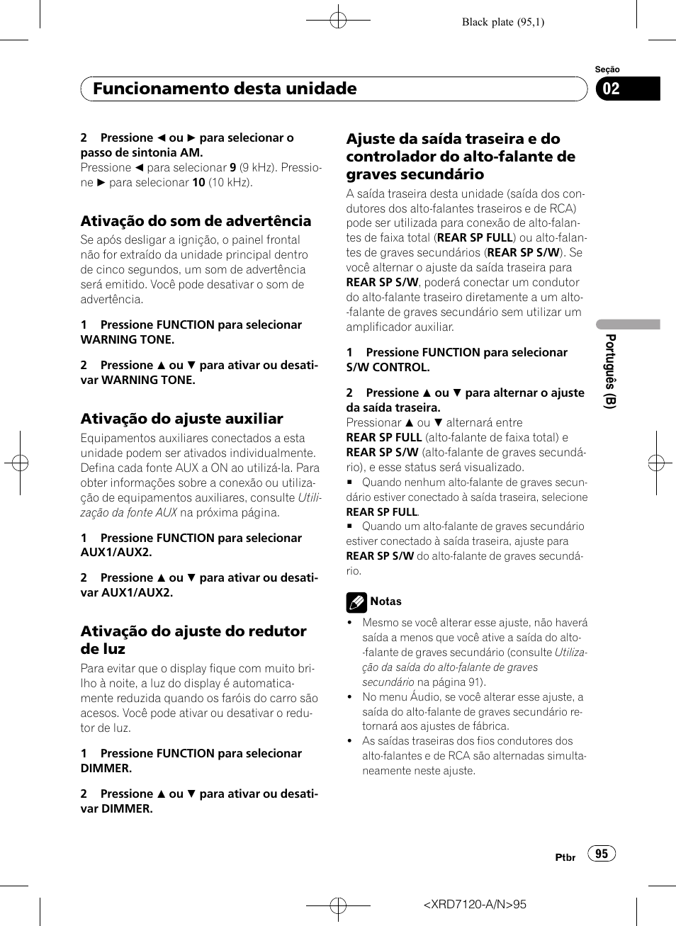 Ativação do som de advertência 95, Ativação do ajuste auxiliar 95, Ativação do ajuste do redutor de | Ajuste da saída traseira e do, Controlador do alto-falante de graves secundário, Funcionamento desta unidade, Ativação do som de advertência, Ativação do ajuste auxiliar, Ativação do ajuste do redutor de luz | Pioneer Super Tuner IIID DEH-P5950IB User Manual | Page 95 / 112