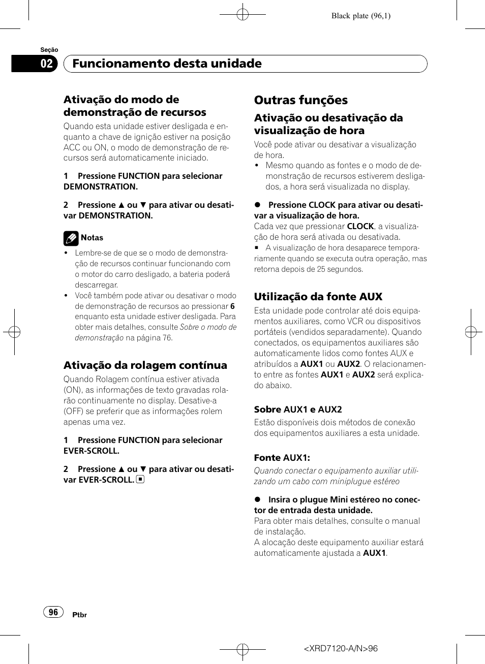 Ativação do modo de demonstração de, Recursos, Ativação da rolagem contínua 96 | Outras funções, Ativação ou desativação da, Visualização de hora, Utilização da fonte aux 96, Funcionamento desta unidade, Ativação do modo de demonstração de recursos, Ativação da rolagem contínua | Pioneer Super Tuner IIID DEH-P5950IB User Manual | Page 96 / 112