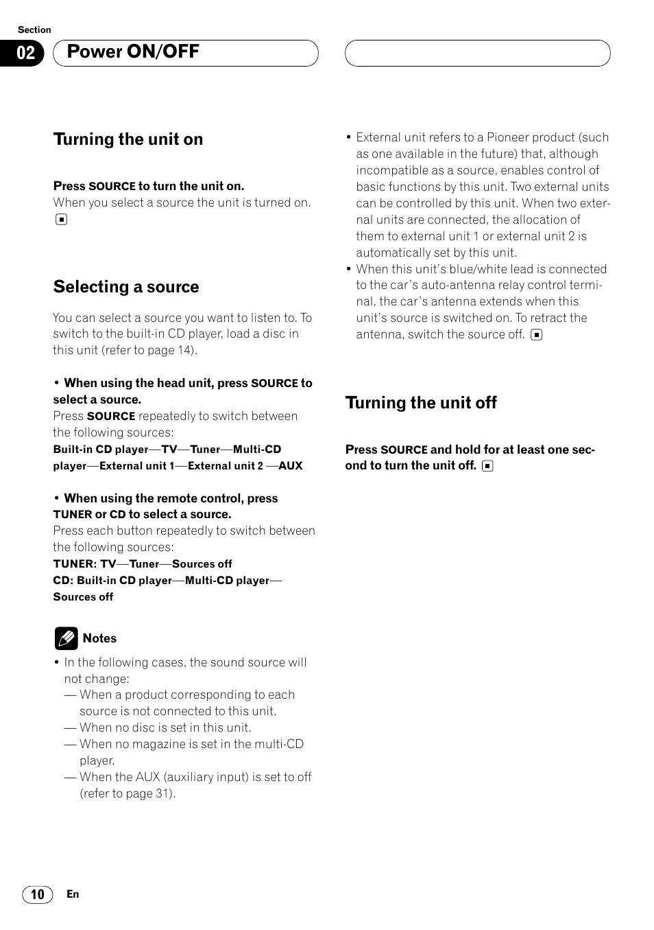 01 power on/off, Turning the unit on, Selecting a source | Turning the unit off | Pioneer DEH-P6450 User Manual | Page 10 / 76