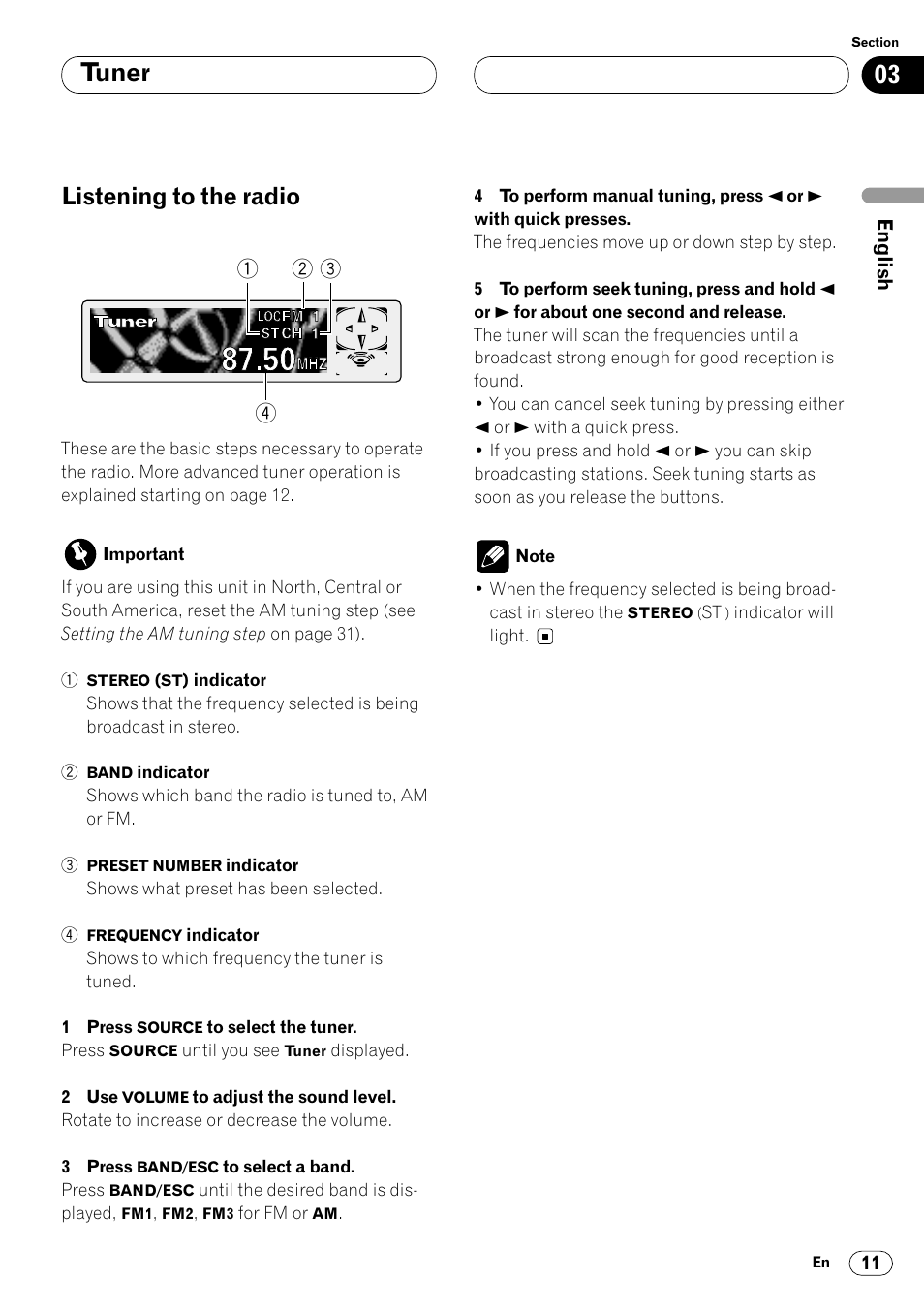 Tuner listening to the radio 11, Tuner, Listening to the radio | Pioneer DEH-P6450 User Manual | Page 11 / 76