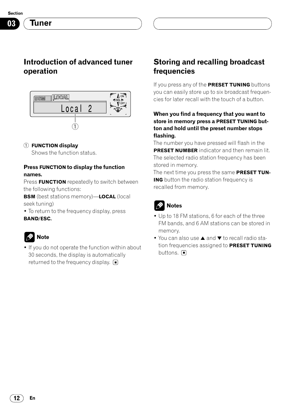 Introduction of advanced tuner, Operation 12, Storing and recalling broadcast | Frequencies 12, Tuner, Introduction of advanced tuner operation, Storing and recalling broadcast frequencies | Pioneer DEH-P6450 User Manual | Page 12 / 76