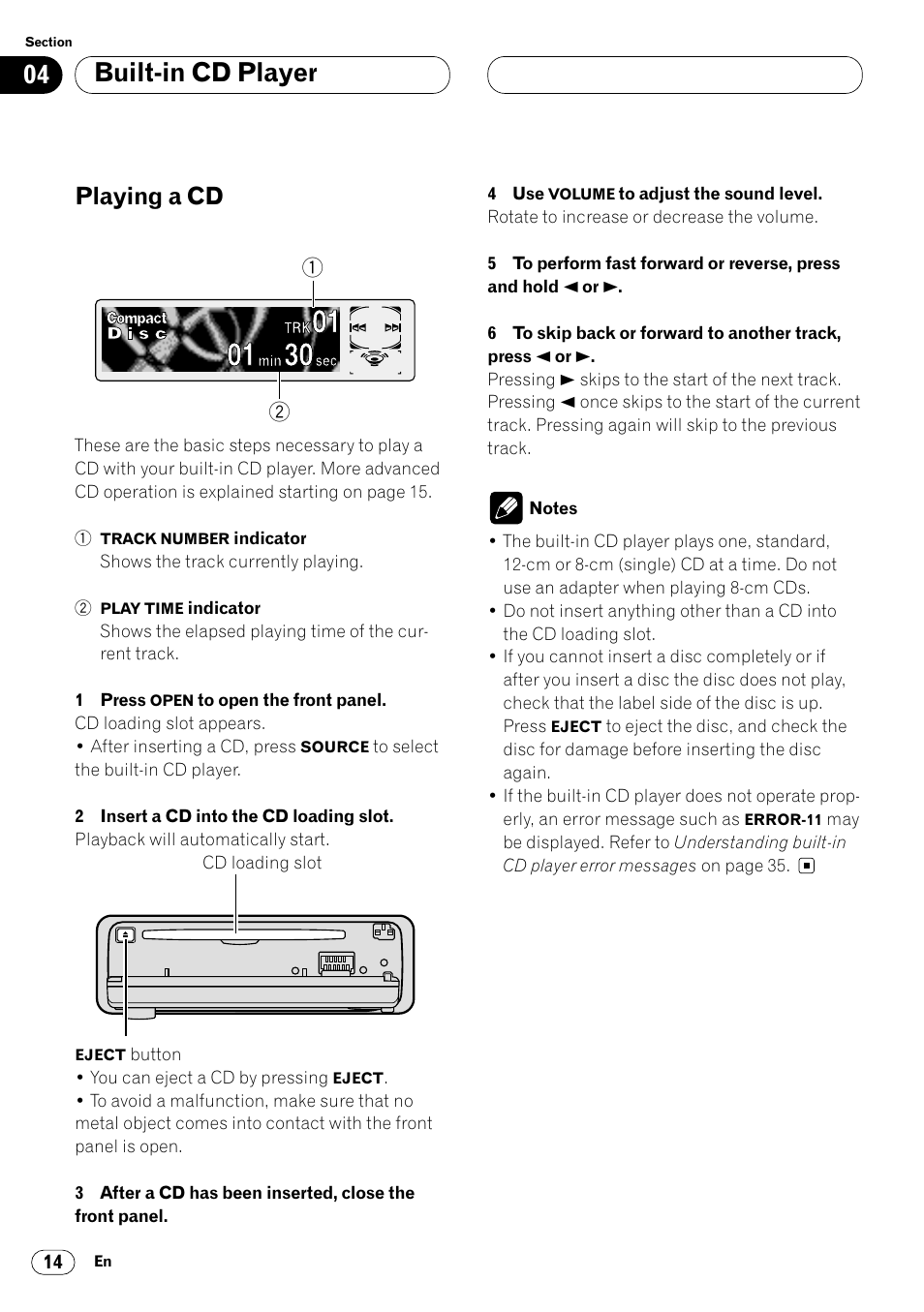 Built-in cd player playing a cd 14, 03 built-in cd player, Playing a cd | Pioneer DEH-P6450 User Manual | Page 14 / 76