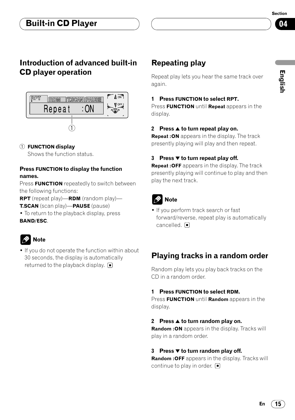 Introduction of advanced built-in cd player, Operation 15, Built-in cd player | Repeating play, Playing tracks in a random order | Pioneer DEH-P6450 User Manual | Page 15 / 76