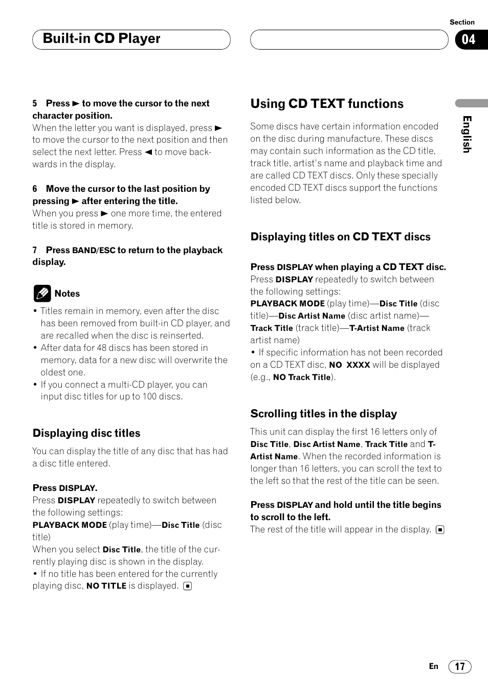 Displaying disc titles 17, Using cd text functions 17, Built-in cd player | Using cd text functions | Pioneer DEH-P6450 User Manual | Page 17 / 76