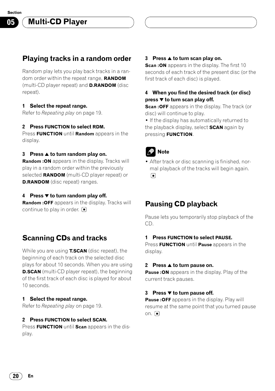 Multi-cd player, Playing tracks in a random order, Scanning cds and tracks | Pausing cd playback | Pioneer DEH-P6450 User Manual | Page 20 / 76