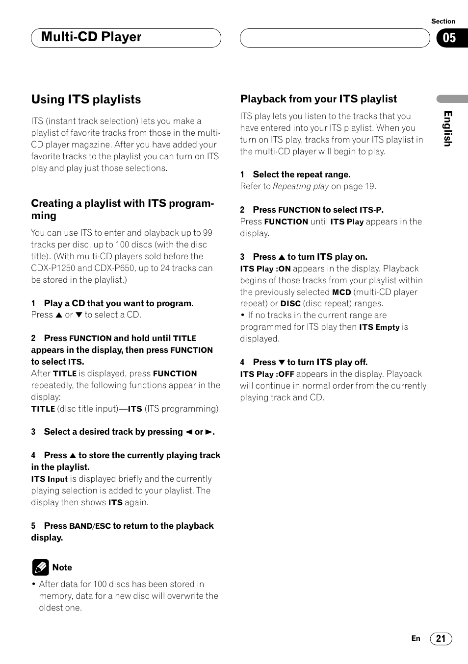 Using its playlists 21, Creating a playlist with its, Programming 21 | Playback from your its playlist 21, Multi-cd player, Using its playlists | Pioneer DEH-P6450 User Manual | Page 21 / 76